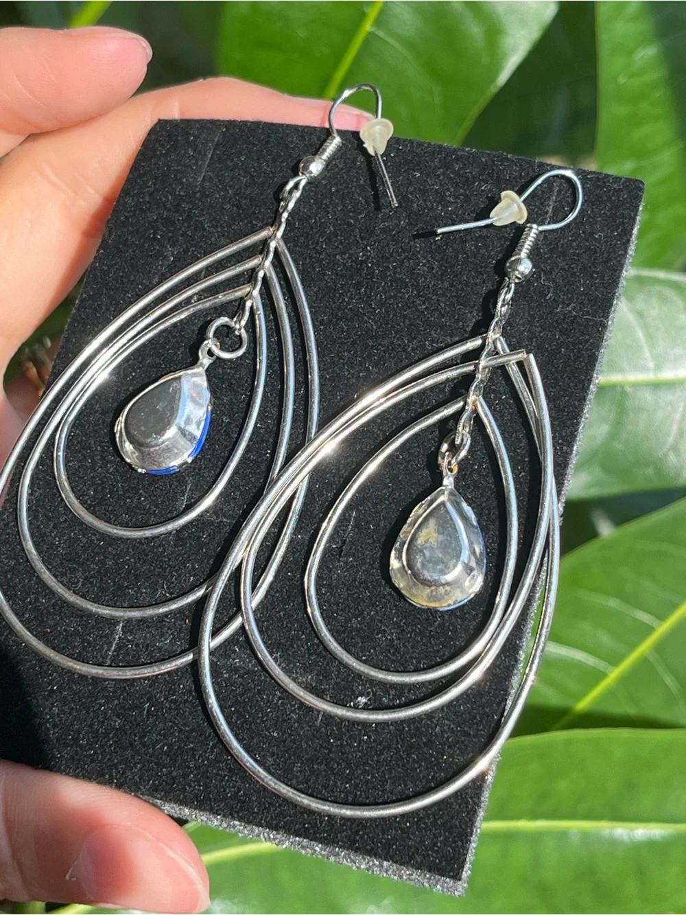 Silver Teardrop Earrings with Cobalt Blue Stone, maybe vintage